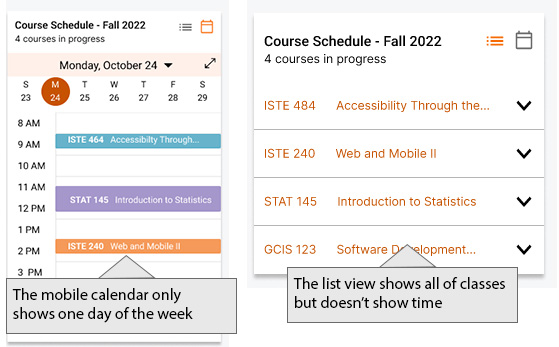 A screenshot of the desktop prototype focused on the Academic Requirements Section. Boxes and text highlight sections outlined in the description.